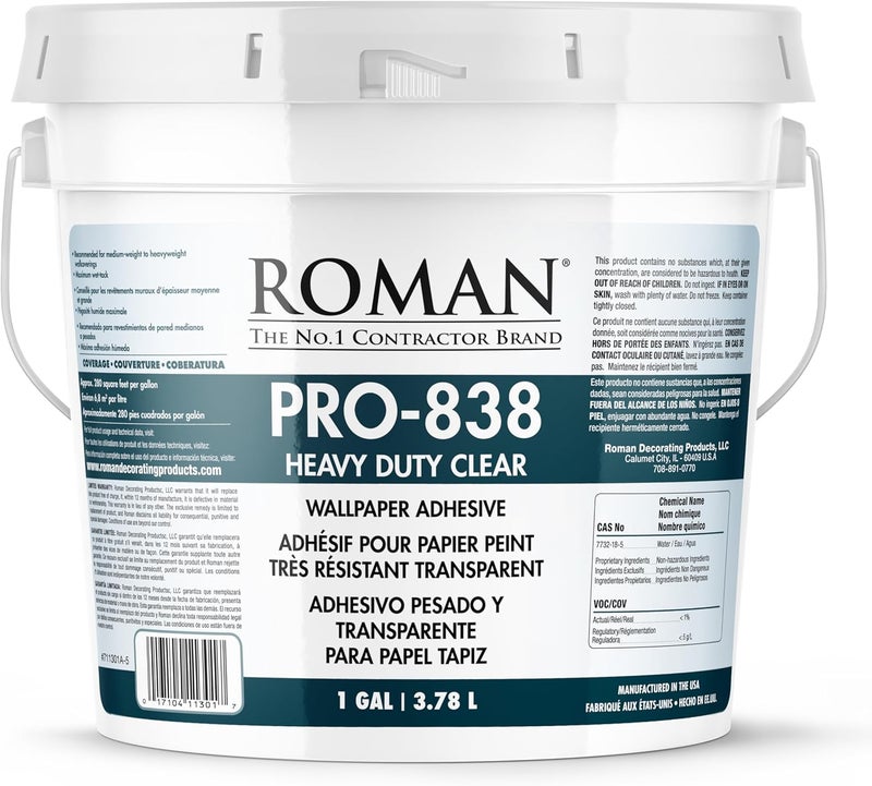 Roman PRO-838 Heavy Duty Clear Wallpaper Adhesive, for Commercial Weight Wallcoverings, Wall Carpet, Non-Wovens, and More, 1 Gallon (300 sq. ft.) - Image 1
